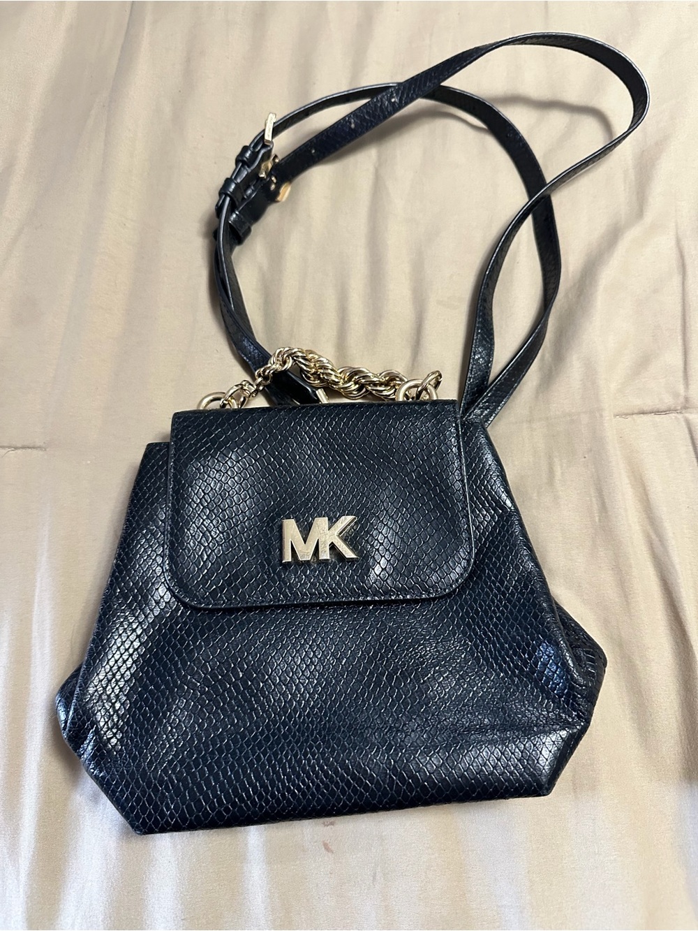 Michael Kors Black Textured Leather Crossbody with Gold MK Logo